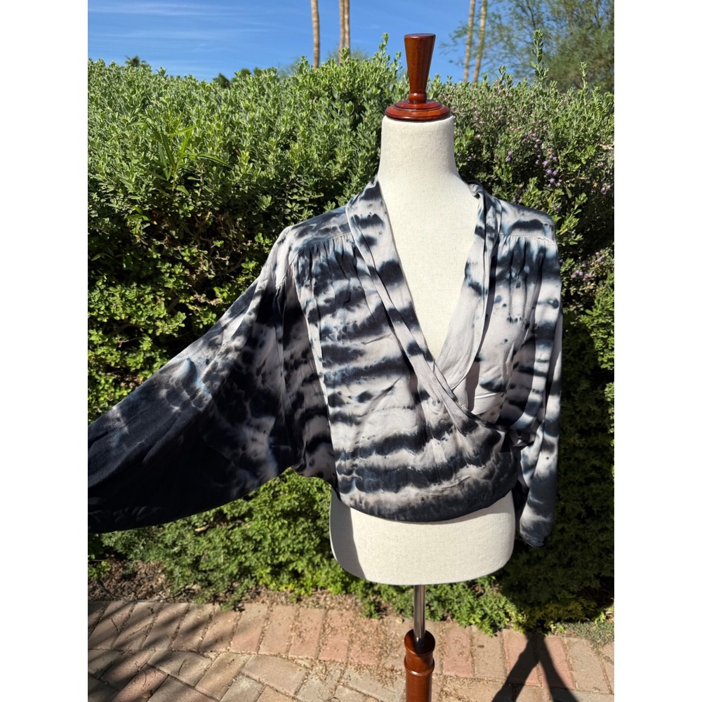 Young Fabulous & Broke Tie Dye Wrap Blouse Black Grey XS Boho Festival